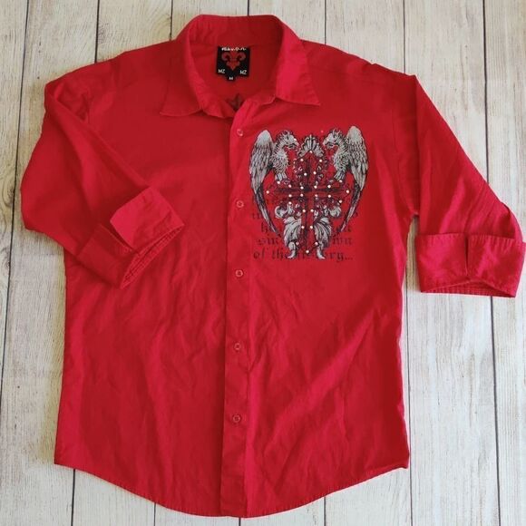 MZ USA embellished cuffed button front shirt sz M - Picture 1 of 8